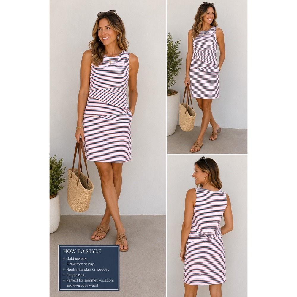 J. McLaughlin Striped Tiered Sheath Dress M Red White Blue Nautical‎ Preppy